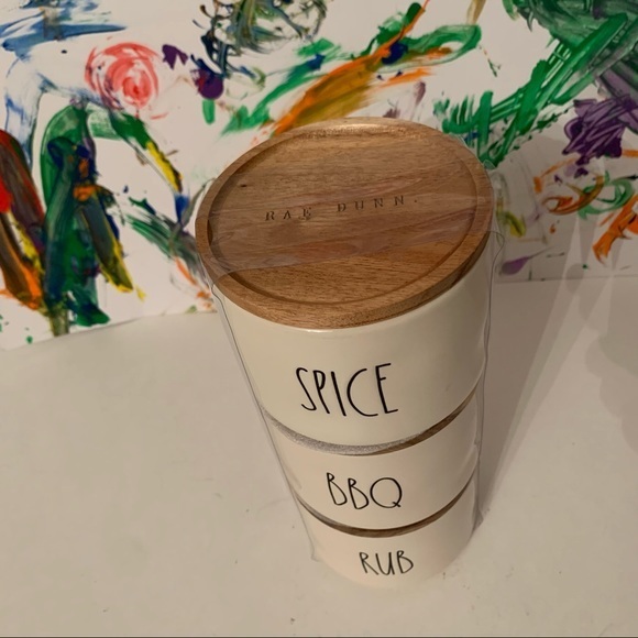 Rae Dunn SPICE BBQ RUB 3 Stack Set w/ Wood Tops - Picture 2 of 2